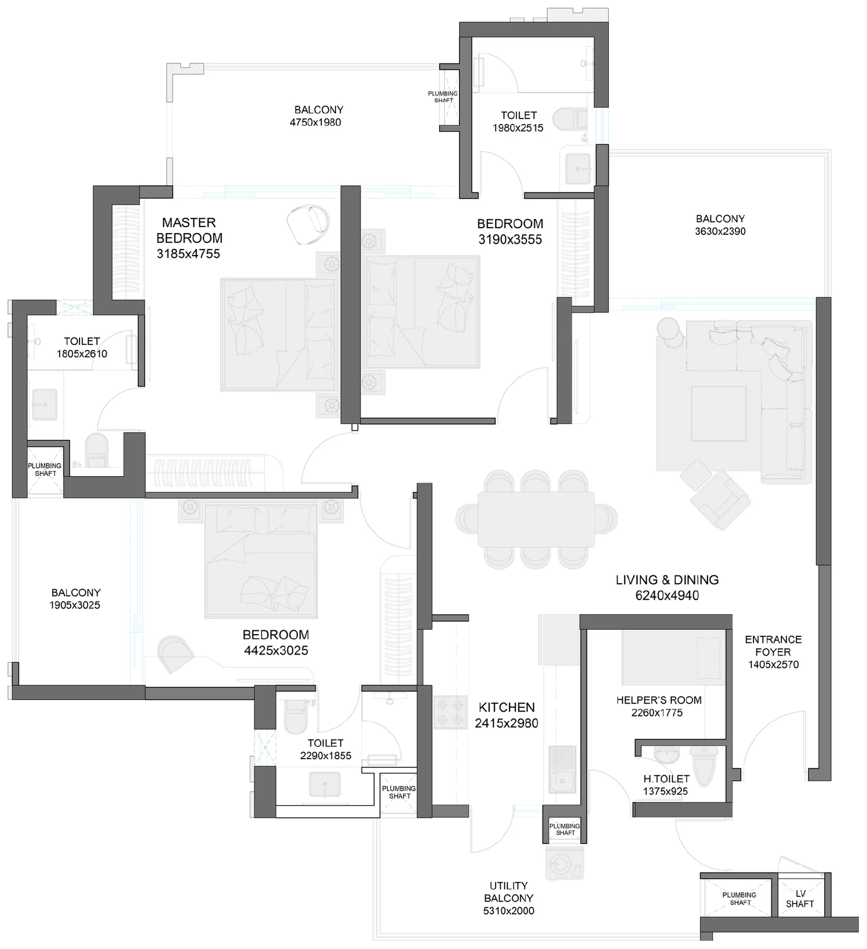 Official 3 BHK + Helper's Room floor plan, Gulshan Empire — 2,075 sq ft saleable, room dimensions marked