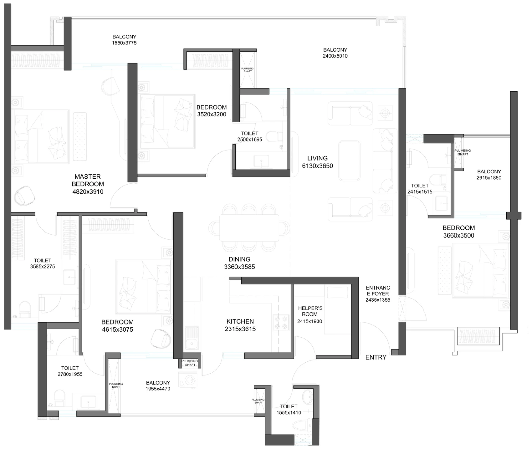 Official 4 BHK + Helper's Room floor plan, Gulshan Empire — 2,750 sq ft saleable, room dimensions marked