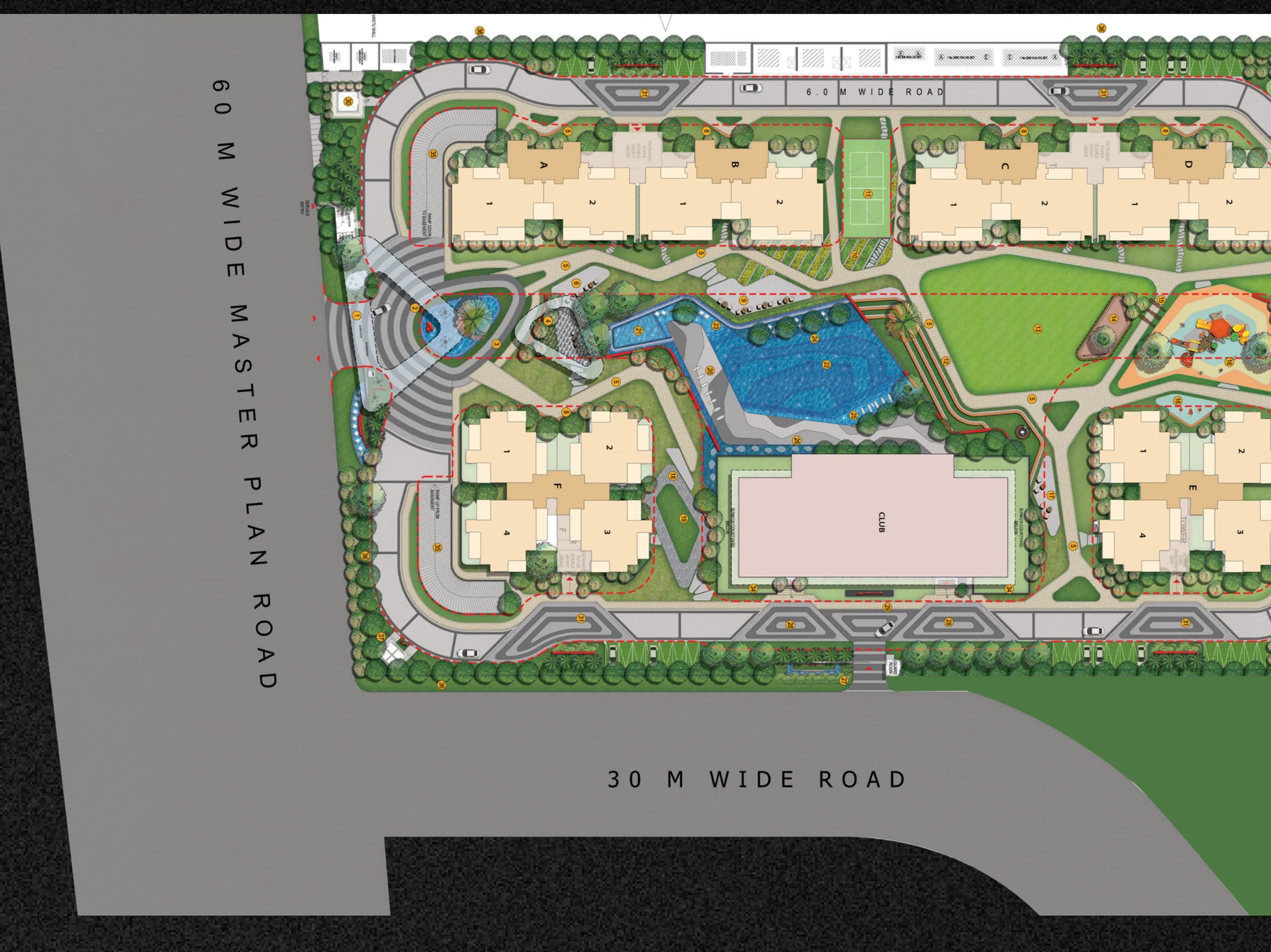 Official Gulshan Empire master plan — 6 towers around central greens, infinity-edge pool and Gulshan Club, between a 60M and a 30M road