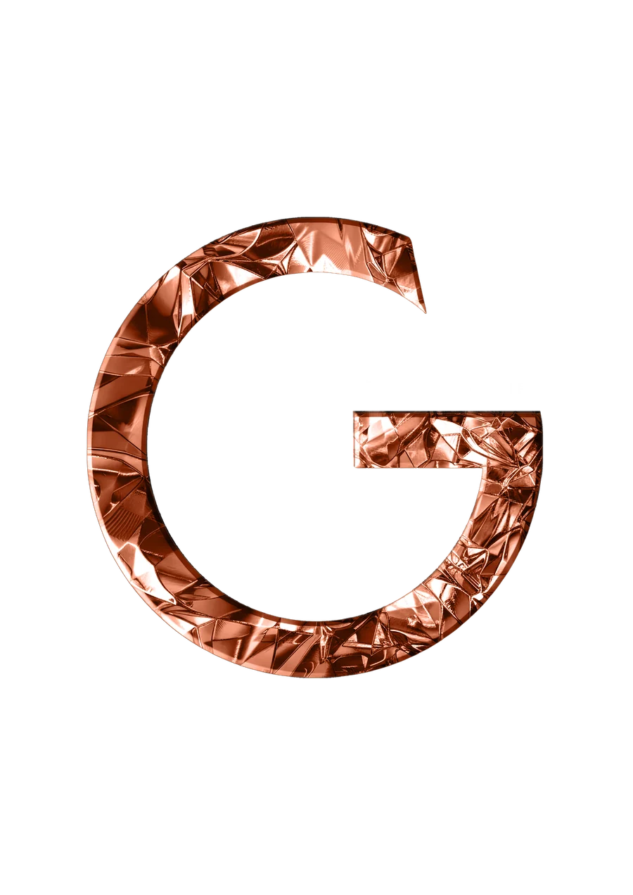 The Gulshan 'G' in crumpled copper foil — brand mark from the official brochure